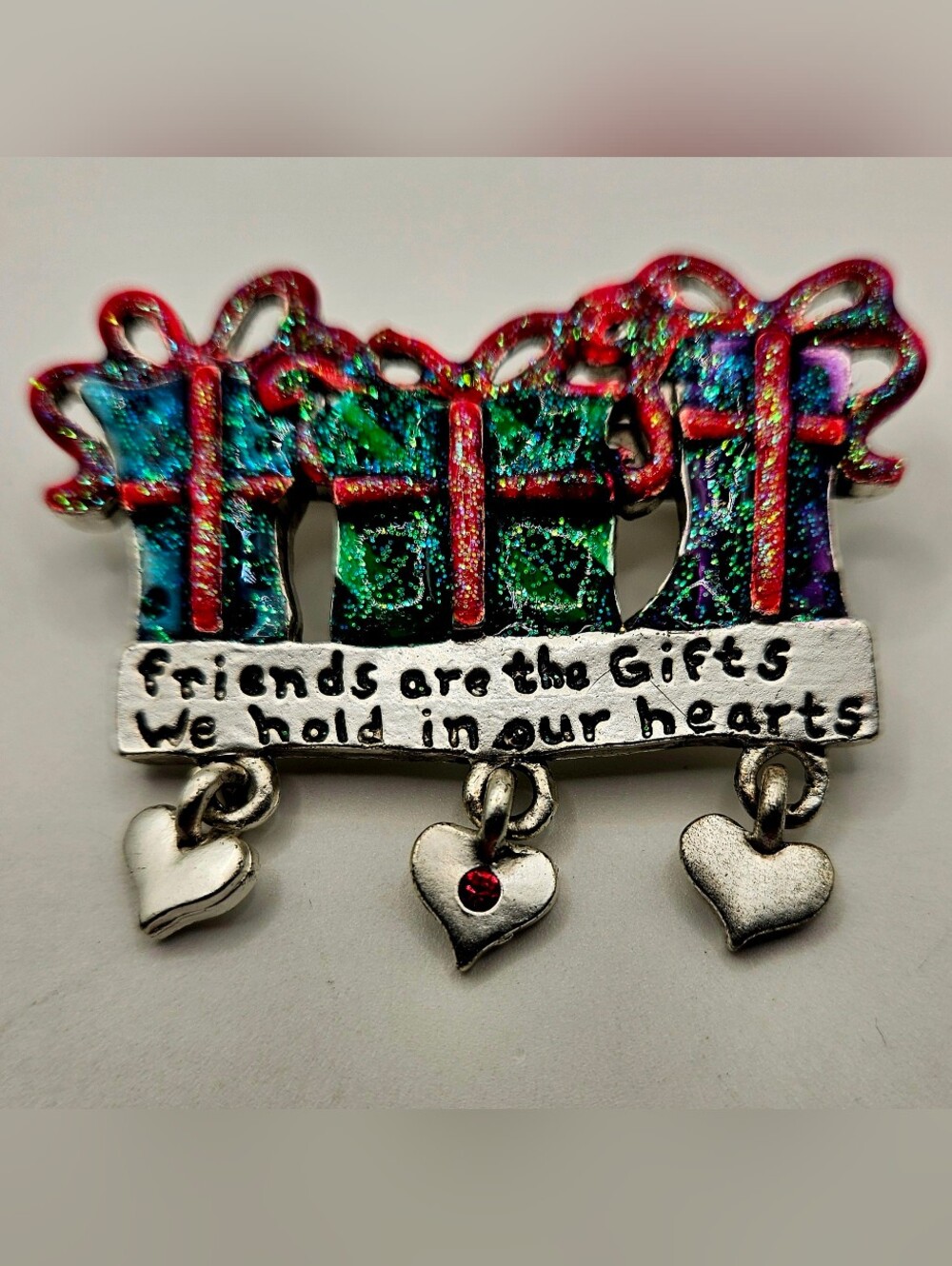 Vintage AJMC Christmas Brooch Pin Friends Are Gifts Enamel Glitter Heart Dangle